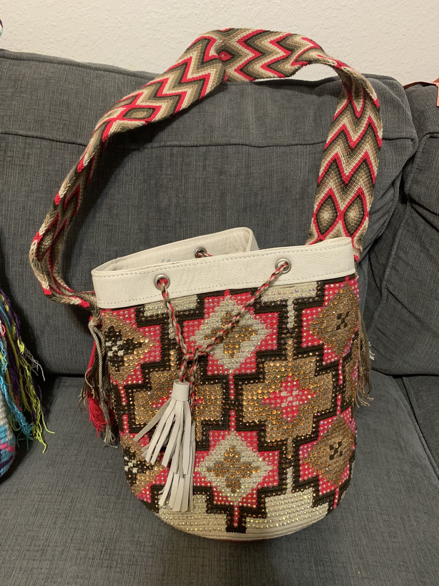 wayuu mochila hobo bag Crocheted Leather Fringe and Crystal Embellished
