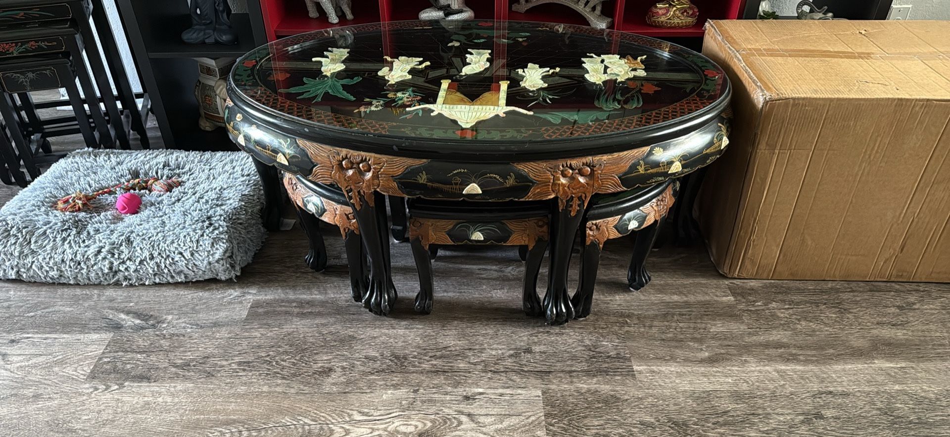 Chinese Black Lacquer Mother of Pearl Oval Nesting Coffee Table Set 6 Stools with Glass on top
