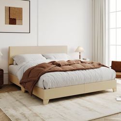 Allewie Full Size Bed Frame with Adjustable Headboard, Upholstered Platform Bed with Wood Slats, Heavy Duty Mattress Foundation, No Box Spring Needed,