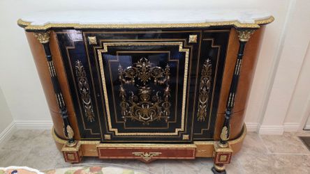 French Empire Style Marquetry Cabinet with Marble Top
