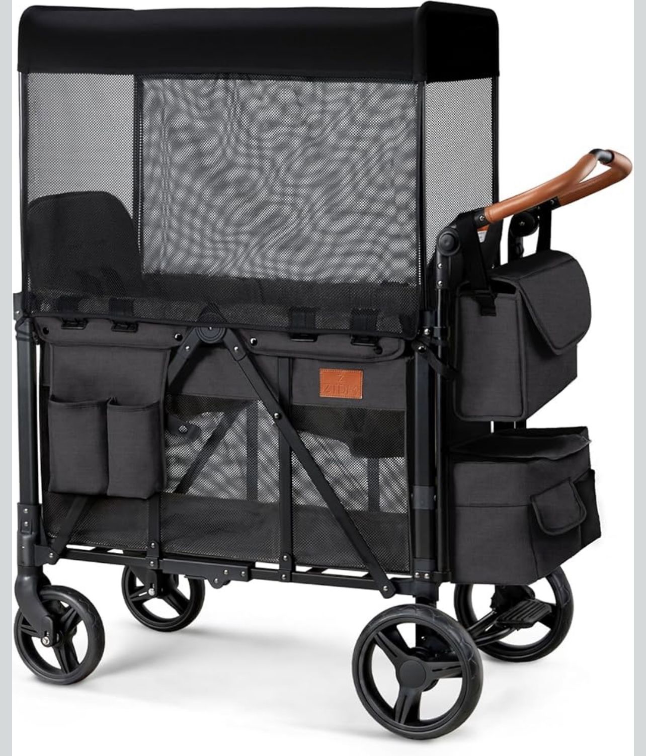 Wagon Stroller for 2 Kids, High Seat & 5 Point Harness, Foldable All-Terrain Wagon for Toddler with Canopy, Parent Organizer, Shoulder Bag, Adjustable
