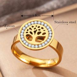 Stainless Steel Ring With Stylish Crystal Money Tree Decor, Suitable For Women's Wedding, Hollow Out Jewelry Gift