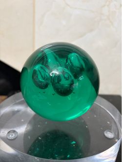Vintage emerald green art glass bubble sphere paperweight 2.75”