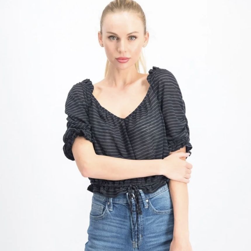 FREE PEOPLE Dorothy Navy Blue Black Sheer Stripe Pull Sleeve Ruched Top NEW