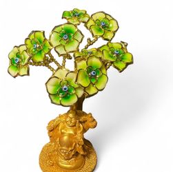   green blue Evil Eye Money Tree with Painted Golden Buddha Statue White Artificial Flowers Home Office Protection Decoration Feng Shui Ornament