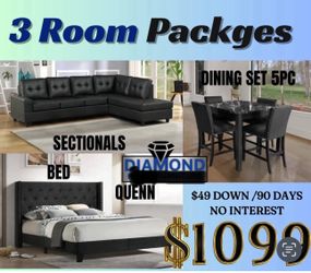 NEW 3 ROOM PACKAGE DEAL- BED MATTRESS DINING ROOM SECTIONAL SOFA AND MORE 