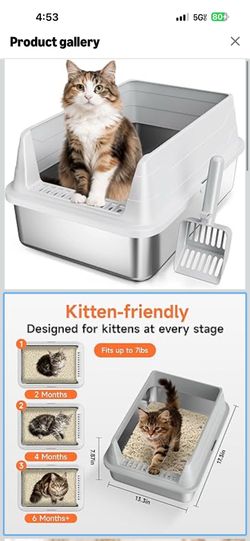 Stainless Steel Cat Litter Box, Odor Free Metal Litter Box with High Sides Lid, Open Top Low Entry Litter Pan Include Scoop Easy Cleaning Anti-Scratch