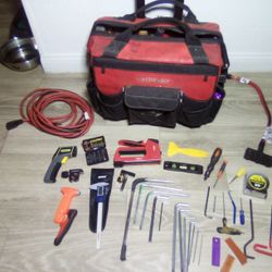 Tools, Tool Bag, Hammers Flyers Screwdrivers Snips Allen Tools Staple Gun Electrical Cord Measuring Tape.