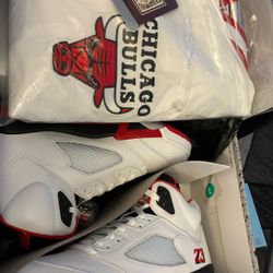  Jordan Fire Red 5s Brand New Jordan Bulls Varsity Jacket Brand New  