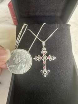 925 Sterling Silver Genuine Rubies Cross Necklace , Marked 925 , 5 Round Genuine Rubies , 16 In , 925 Chain