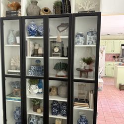 shelving unit with glass doors – wood veneer finish, ideal for living room