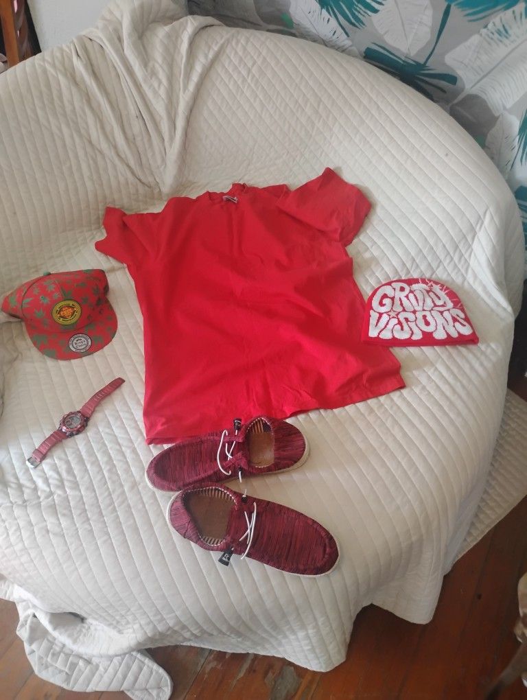 Red Clothes , Hats And A Watch