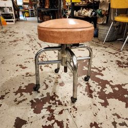 Pink and Chrome Vintage Vinyl Rolling and Adjustable Stool