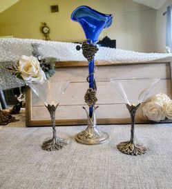 Pre-owned Vtg Apothecary Vase w/ Pewter Grapes & 2 Grey Goose Martini cocktail glass