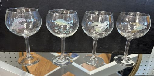 Set of 4 Tropical Etched wine glasses, dolphins, manatee, sea turtle and stork