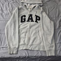 grey cotton-blend Gap arch logo zip-up hoodie with a kanga pocket 