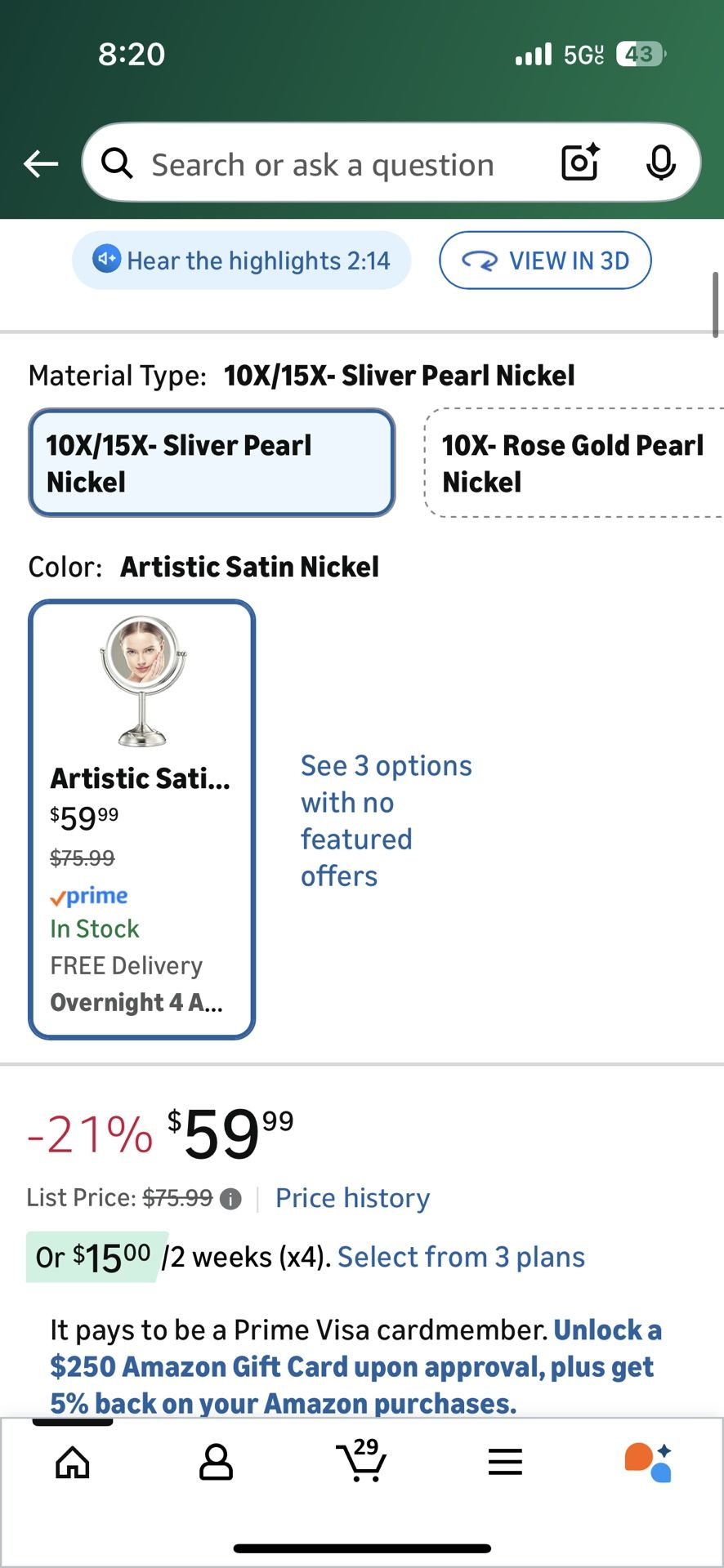 Lighted Makeup Mirror 360°Swivel Seamless Vanity Mirror, Pearl Nickel