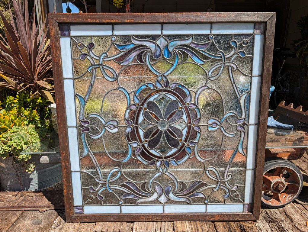 Vintage Stained Glass Window Leaded Bevel Architectural Salvage Antique Square Frame Beveled Leaded Garden Patio Art 