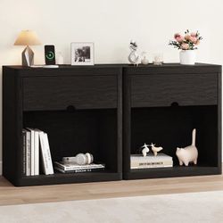 Nightstand Set of 2, Nightstand with Charging Station, 24inch Bedside Table with Curved Top Corners, Crescent Shaped Buckle, Wooden End Table for Bedr
