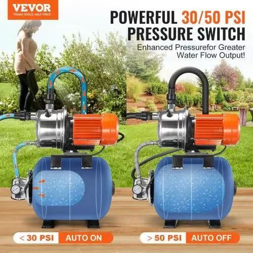 1.6 HP Shallow Well Pump with Pressure Tank, 1320 GPH, Automatic Irrigation Water Booster Pump with 5-Gal Pressure Tank 30/50 PSI Pressure Switch, Sta