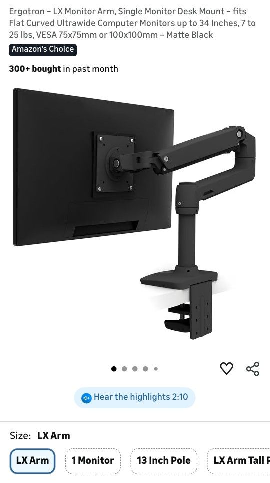 Ergotron – LX Monitor Arm, Single Monitor Desk Mount – fits Flat Curved Ultrawide Computer Monitors up to 34 Inches, 7 to 25 lbs, VESA 75x75mm or 100x