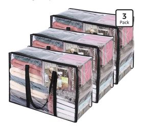 Vieshful 3 Pack Clear Clothes Storage Bag, 40L Plastic Blanket Storage Bag with Zipper, Foldable Closet Organizer, Moving bags for Comforter, Blanket,