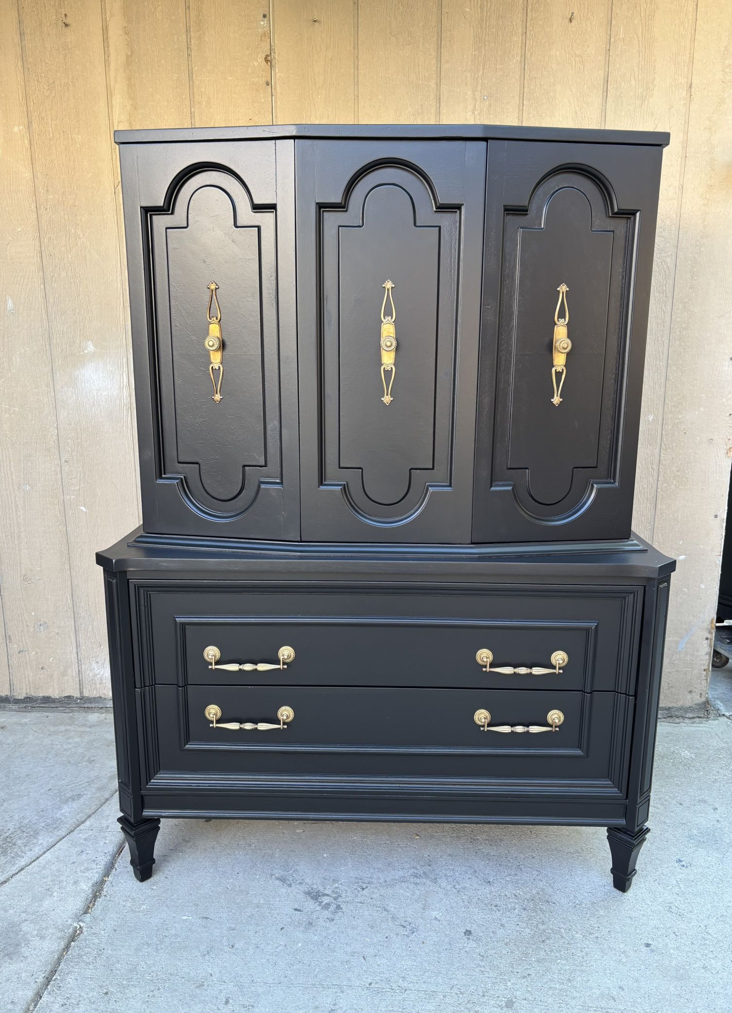 Amazing Mid century black and gold tallboy dresser