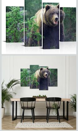 SkenoArt 4 Panel Animal Bear Wall Art Bear in Forest Green Tree Pictures Print on Canvas Animal Natural Woodland Wildlife Artwork for Home Farmhouse D