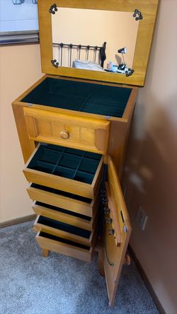 Wooden Standing Jewelry Armoire with Mirror