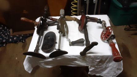 3 old antique hand drills and one newer one. 75.00 dollars for all four or reliable offer.