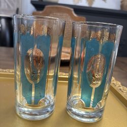 Two Mcm Vintage Green And Gold Highball Glasses 