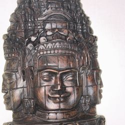 Hand-Carved Wooden Khmer Face Sculpture - Cambodian Bayon Temple Style Wall Decor"