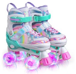 SULIFEEL Rainbow Unicorn Adjustable 4 Size Roller Skates for Girls
