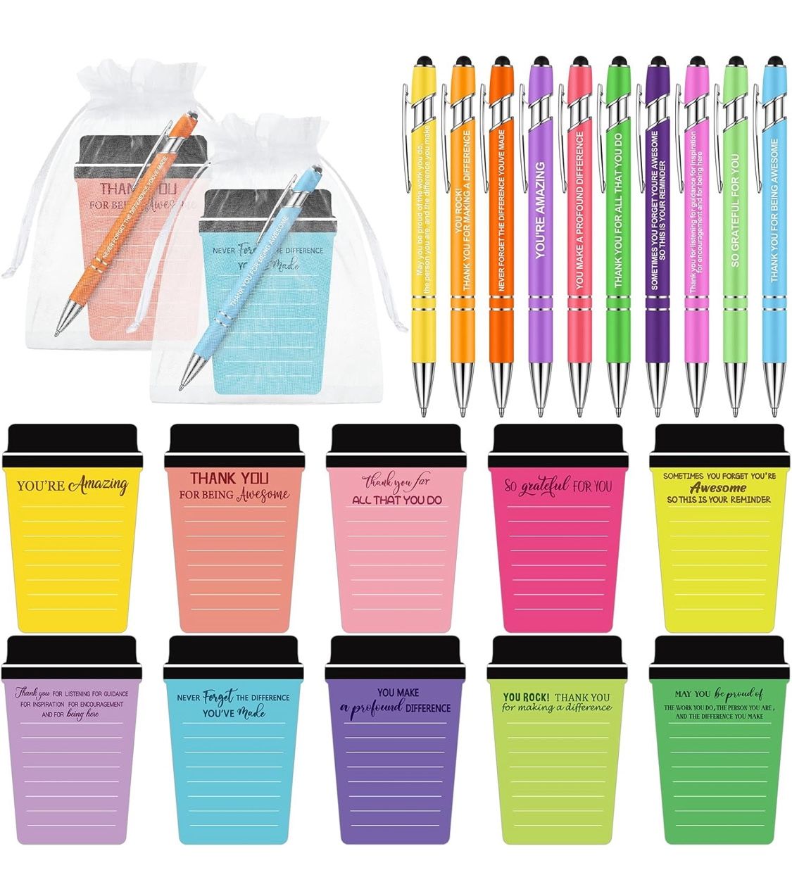 Kosiz 56 Pcs Thank You Coffee Cup Notepads with Ballpoint Pens and Organza Bags Inspirational Notepads Graduation Gifts Cna Week Thank You Gifts for N