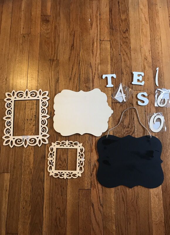 Chalk board, frames, letters, burlap