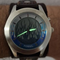 Rare Mens Fossil Blue Flame Digital Big Tic Y2K Watch Original Leather Band