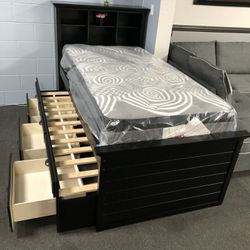 Black Twin Bed W/ Trundle & Storage Drawers