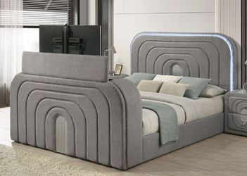 Brand New Grey Queen Bed Frame w LED Fireplace & TV Stand Lift (Available in Eastern King)