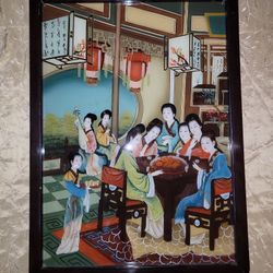 Antique Chinese Reverse Painting on Glass Court Ladies gathering 20th 17x23