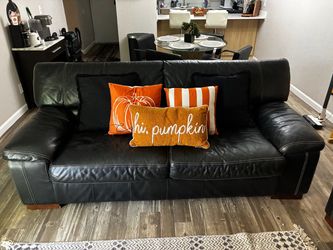 Black Leather Sofa with Wood Legs