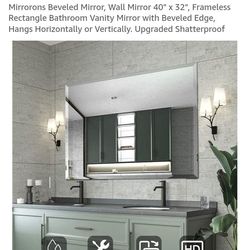 NEW IN BOX-Mirrorons Beveled Mirror, Wall Mirror 40" x 32", Frameless Rectangle Bathroom Vanity Mirror with Beveled Edge, Hangs Horizontally or Vertic