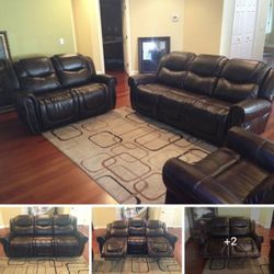 Brown Leather Fully Reclining Three Piece Couch Set