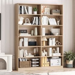 74.3” Double Wide 6-Tier shelf, Extra Large Wooden Freestanding Display Bookshelf for Home Office, Light Oak