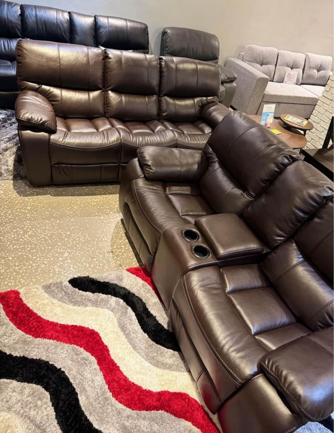 Summer Sale Event. Madrid, brown leather reclining sofa and loveseat set now $1199. Easy finance option. Same day delivery.