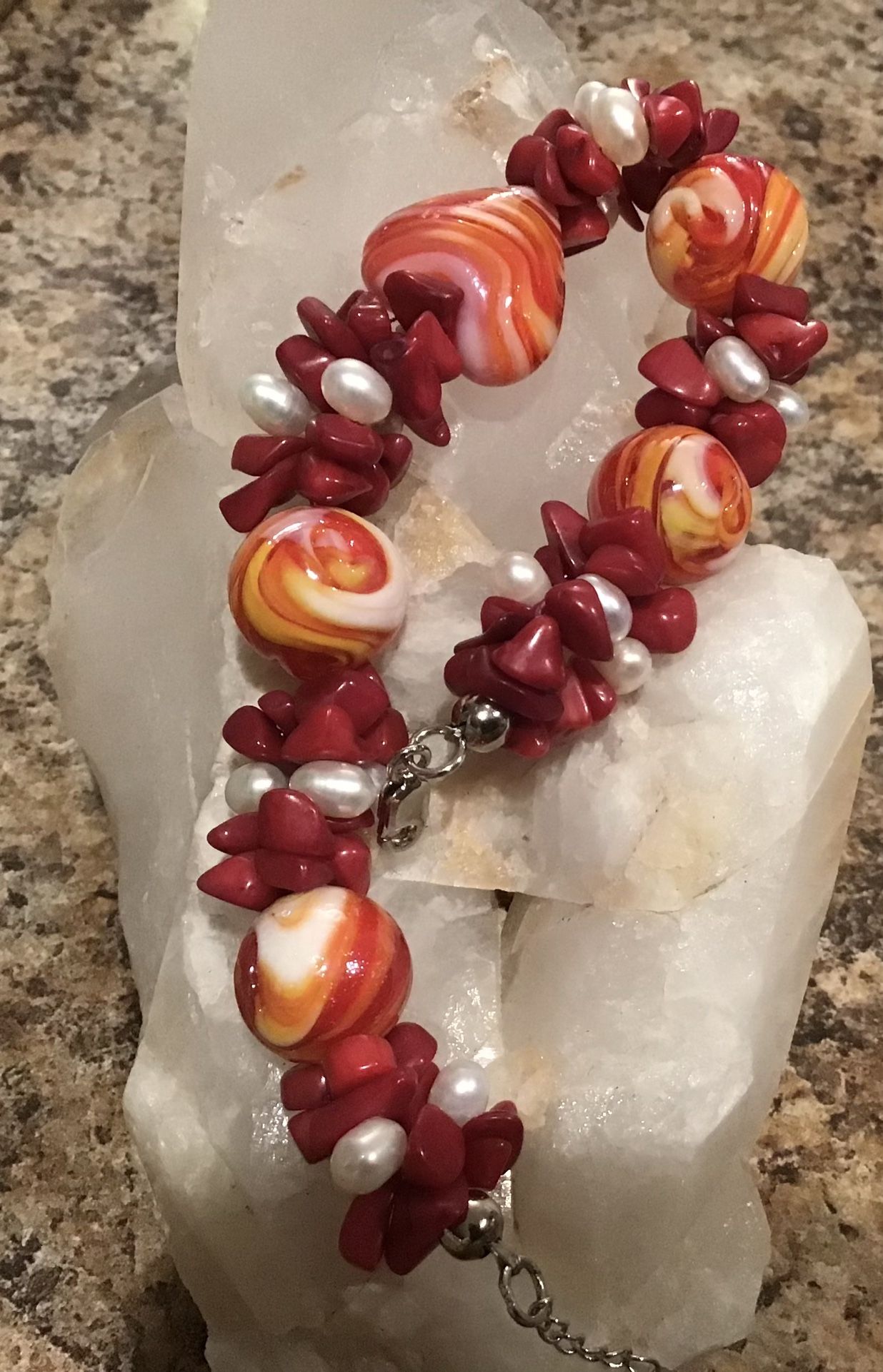 Coral, Pearl  & Glass Bracelet 