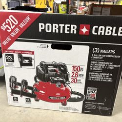 BRAND NEW IN BOX Porter-Cable 6 Gal. 150 PSI Portable Electric Air Compressor with 16-Gauge, 18-Gauge and 23-Gauge Nailer 3 Tool Combo Kit