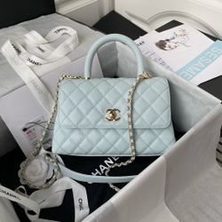 Light Blue Caviar Quilted Coco Handle Bag