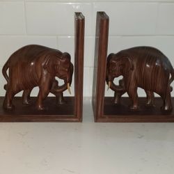 Vintage Pair Carved Wood Elephant with Tusks Bookends India 50's-60's