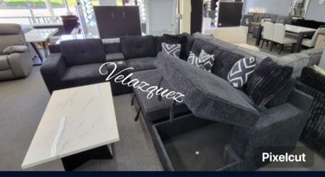 ✅️✅️4 pc black chenille fabric upholstered sectional sofa with USB pop up sleeper storage chaise✅️✅️