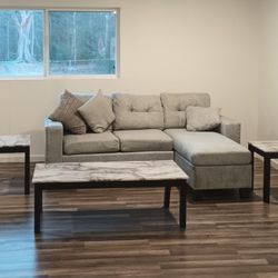 👉 Set de Sala Moderna Gris + Mesas de Mármol Sintético – Excelente Estado